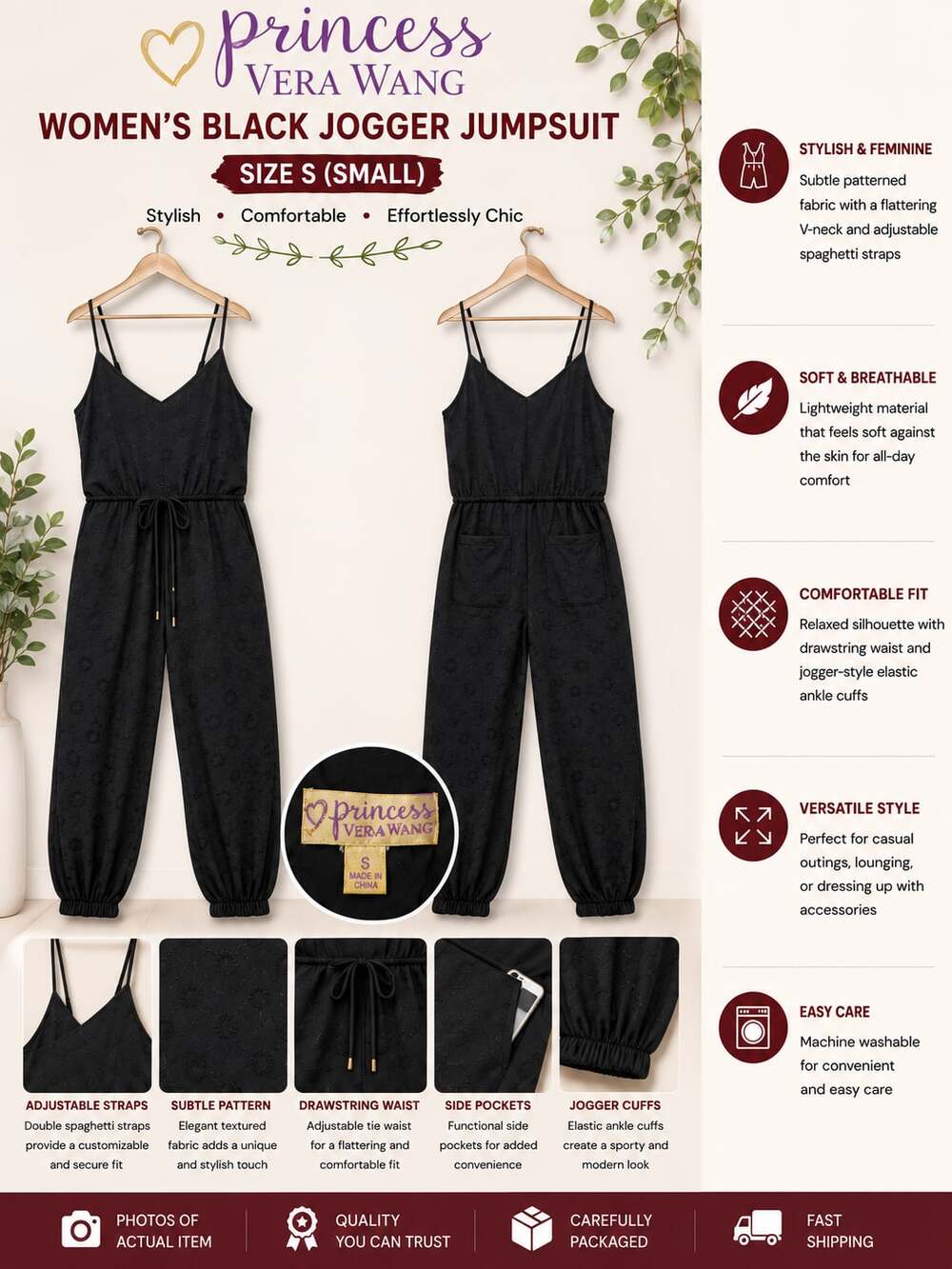 Princess Vera Wang Women's Black Textured Jogger Jumpsuit with Adjustable Straps